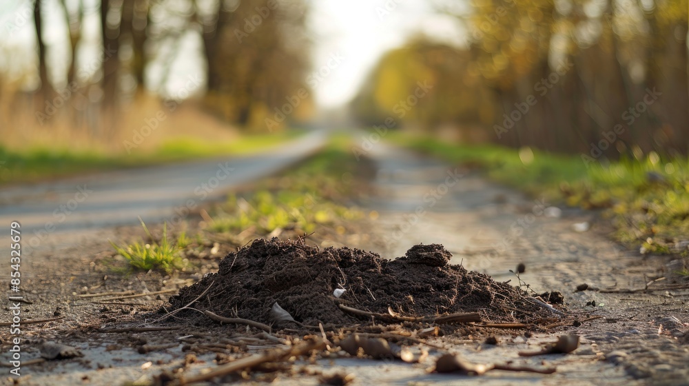 A small mound of horse droppings beside a road at ground level Close up shot with space above for text A small mound of horse droppings beside a road at ground level Close up shot with space above for text