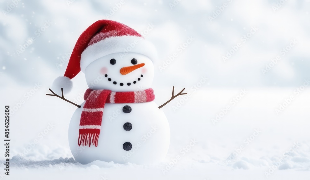 Fototapeta premium snowman with red hat and red scarf