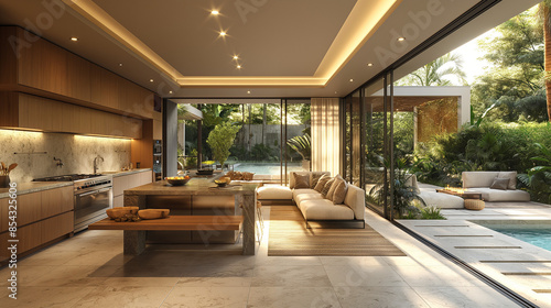 kitchen in a modern waterfall villa. © Wasin Arsasoi