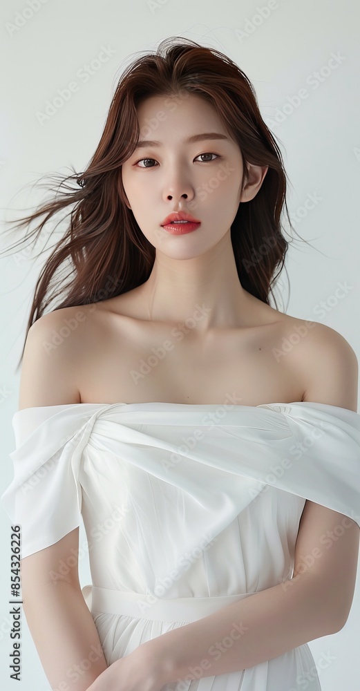 in the style of elle, korean beauty model, idol face, wearing off shoulder white dress, slender arms, background white, bright skin, front view in the style of elle, korean beauty model, idol face, wearing off shoulder white dress, slender arms, background white, bright skin, front view