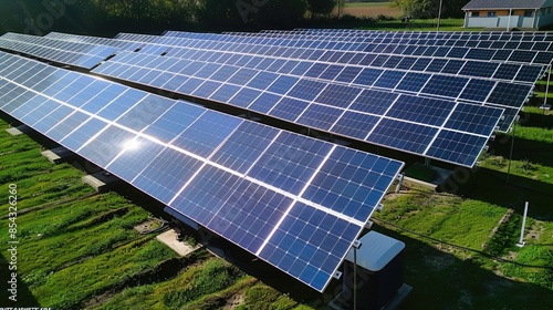 A large solar panel field with many panels. The panels are all facing the same direction. The field is surrounded by grass photo