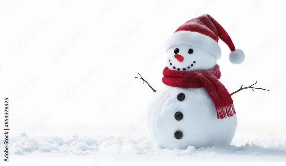 Fototapeta premium snowman with red hat and red scarf