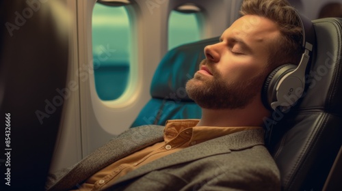 a man sitting next to the airplane window, wearing headphones