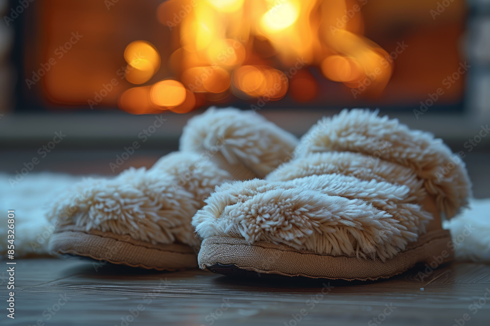A pair of fuzzy slippers next to a fireplace, epitomizing homey comfort. Concept of warmth and relaxation. Generative Ai. A pair of fuzzy slippers next to a fireplace, epitomizing homey comfort. Concept of warmth and relaxation. Generative Ai.