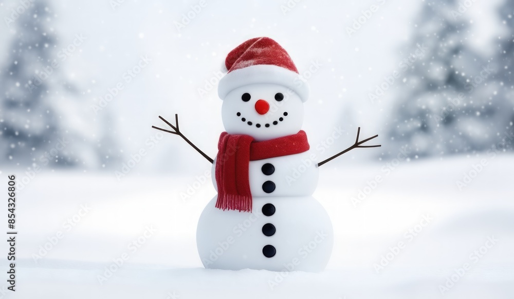Fototapeta premium snowman with red hat and red scarf