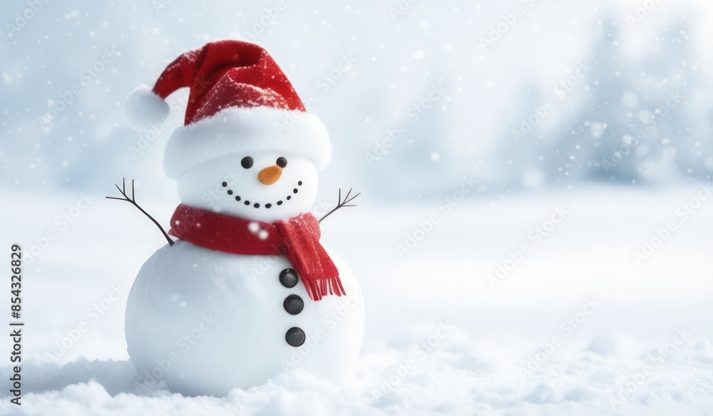 Fototapeta premium snowman with red hat and red scarf