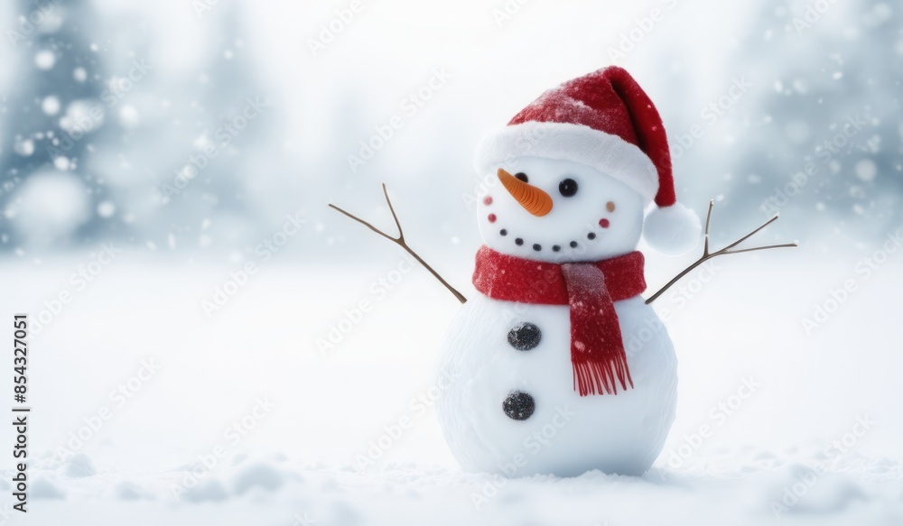 Fototapeta premium snowman with red hat and scarf background snow