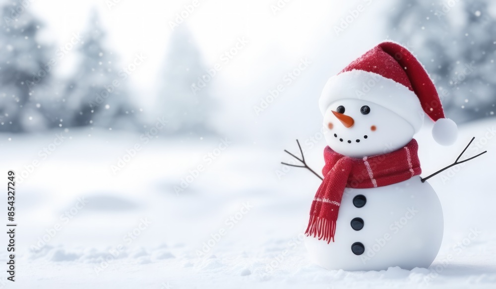 Obraz premium snowman with red hat and scarf background snow