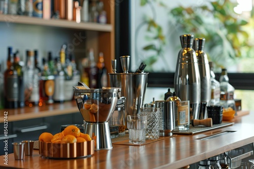A stylish home bar with a variety of spirits and cocktail tools