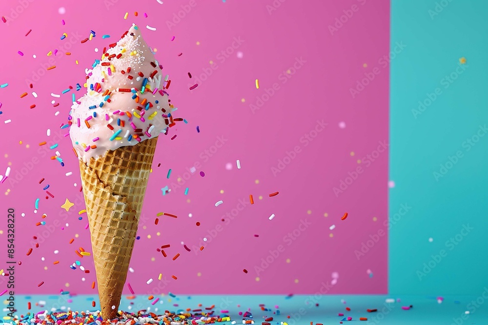 Ice cream cone with sprinkles on colored background Ice cream cone with sprinkles on colored background