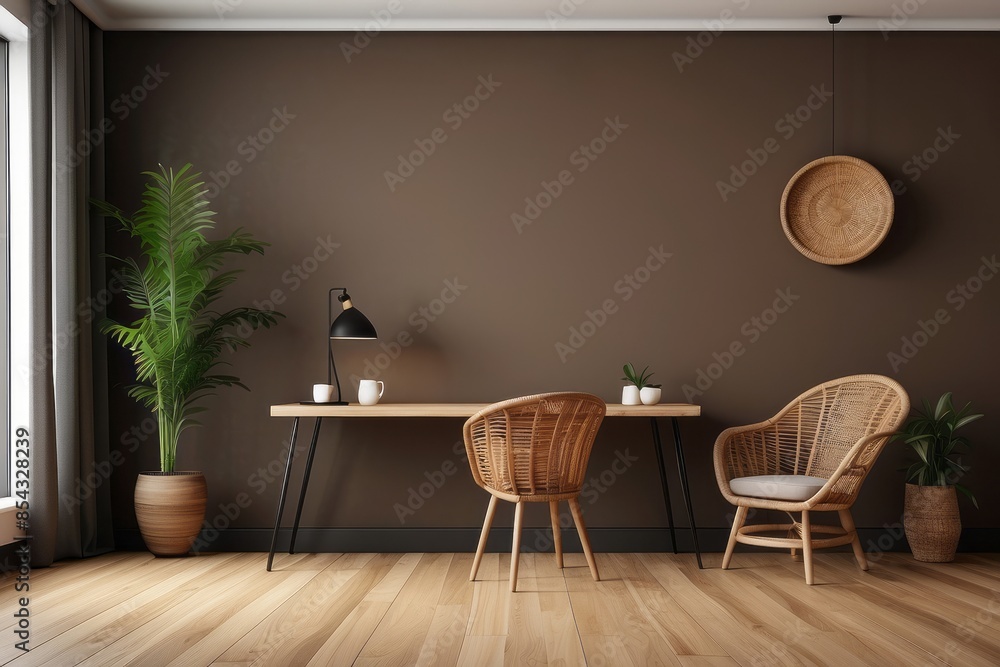 Interior home office of workplace with wooden desk and rattan chair on brown wall copy space mock up Interior home office of workplace with wooden desk and rattan chair on brown wall copy space mock up