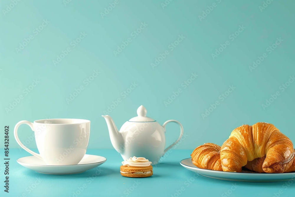 Tea time setup with teapot, cup, and pastries on blue background Tea time setup with teapot, cup, and pastries on blue background