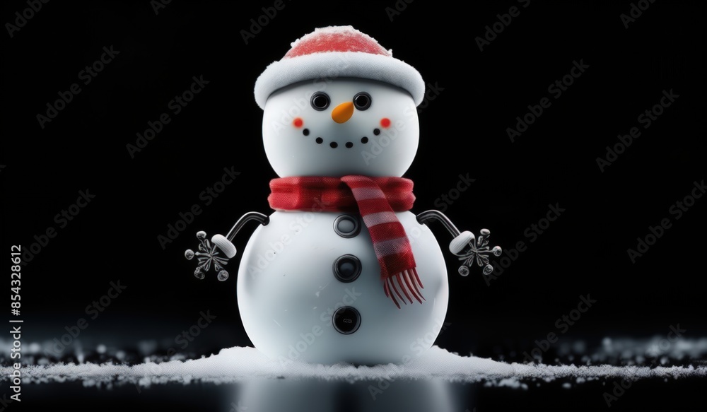 Fototapeta premium robot ai snowman with hat and scarf black background
