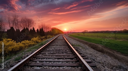 beautiful view of the railway line stretching into the distance towards the sunset © Turus