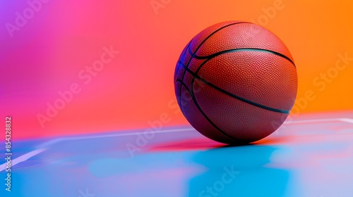 Shiny rubber surface of basketball placed on vibrant background in studio in blue light © Lucky Ai