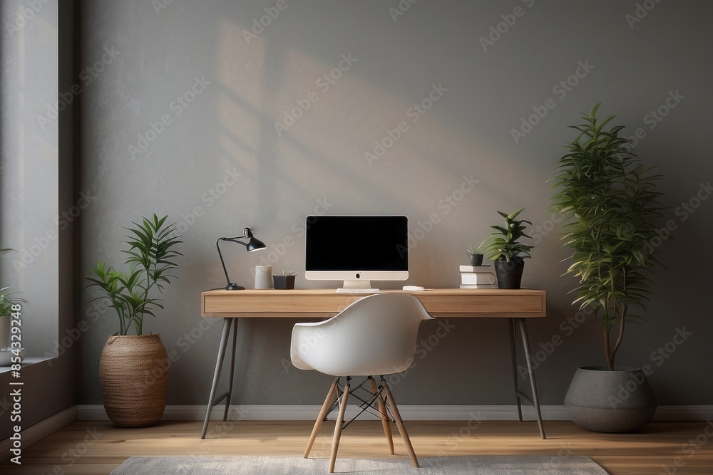 Fototapeta premium Interior home office of workplace with workspace desk and desktop computer monitor on gray wall