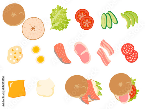 ベーグルサンドイッチの具材と出来上がったベーグルサンドをセットにしたベクターイラストレーション