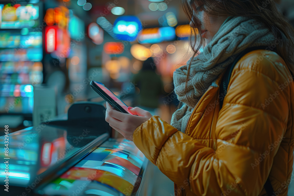 Obraz premium A person using a mobile payment app to make a purchase. Concept of digital finance and cashless transactions. Generative Ai.