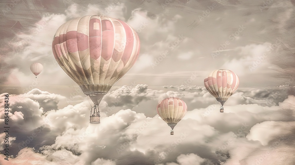 Fototapeta premium Vintage hot air balloons, pink and white patterns, wide-angle view, floating above clouds, nostalgic and charming 