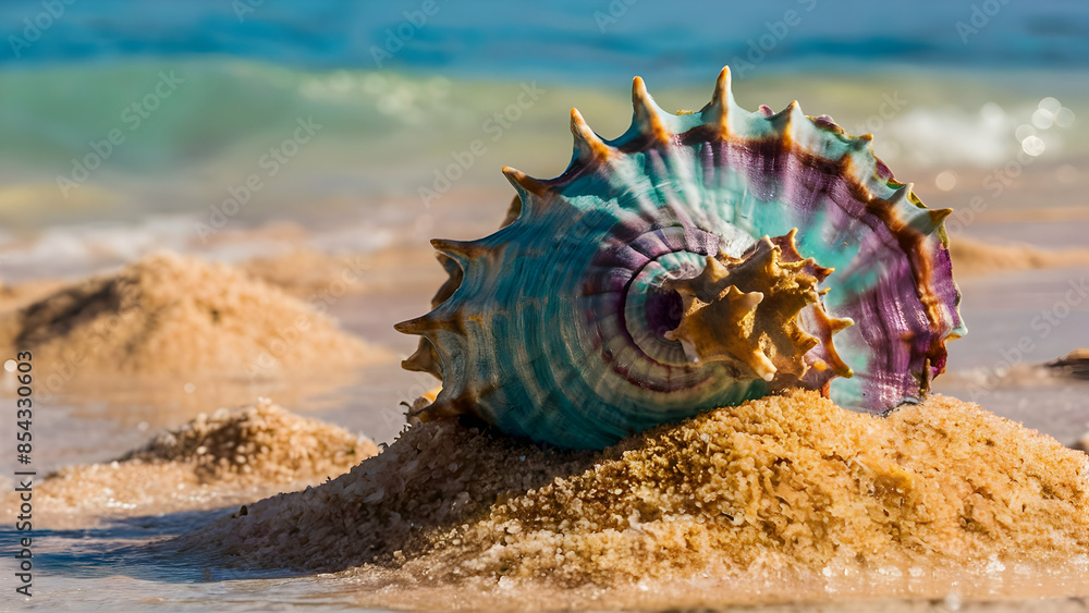 Obraz premium Seashell's kaleidoscope of colors on golden shore