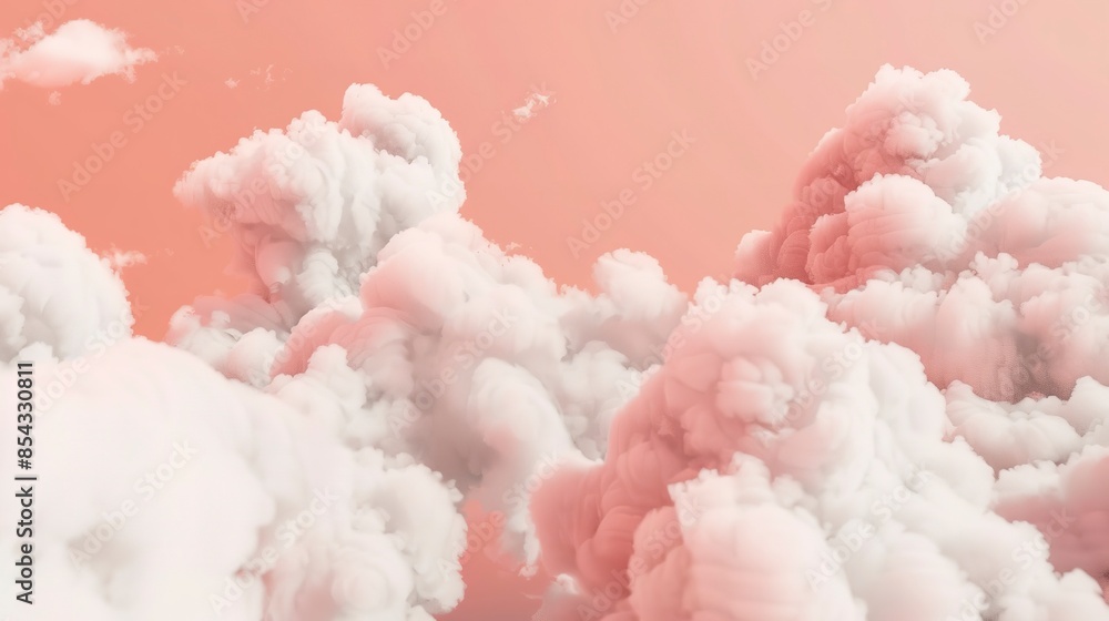 Soft pink background with white clouds, mid-angle view, fluffy and whimsical, dreamy and comforting Soft pink background with white clouds, mid-angle view, fluffy and whimsical, dreamy and comforting