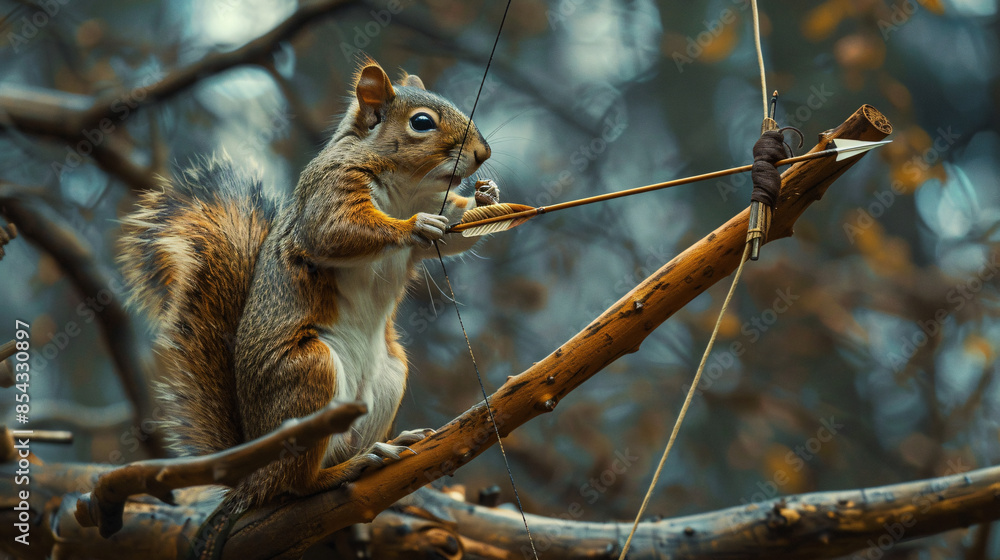 Fototapeta premium Squirrel archer shooting arrows from tree