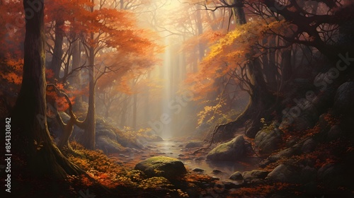 Autumn forest with fog and sun rays - 3D render illustration