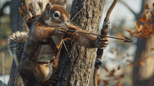 Fototapeta Naklejka Na Ścianę i Meble -  Squirrel archer with arrows in mouth, high detail wildlife photography