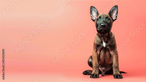A cute Belgian Malinois puppy sitting on a solid pastel background with space above for text