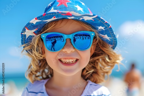 Happy child with sunglasses celebrating the 4th of July, Independence Day, Memorial Day