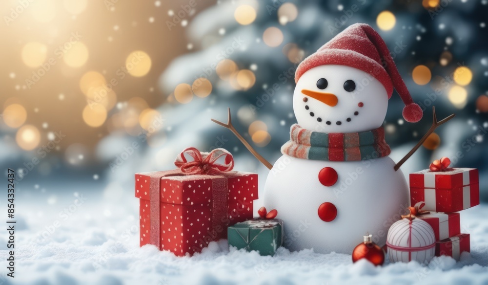 Obraz premium snowman with christmas gift and happy merry christmas