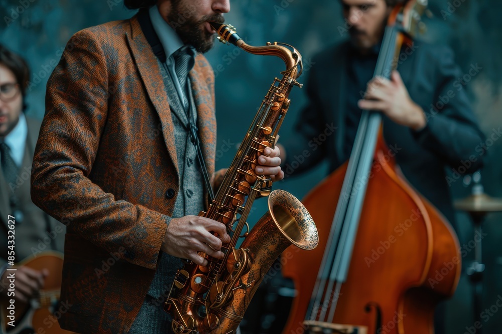 Fototapeta premium A man playing a saxophone in front of a man playing a cello