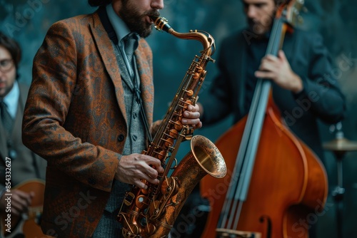 A man playing a saxophone in front of a man playing a cello