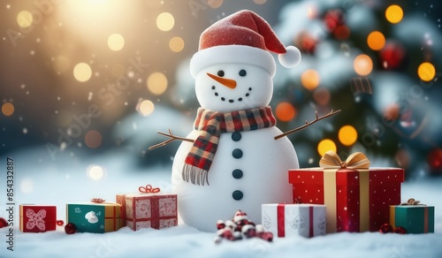 merry christmas tree with gifts and snowman. merry. red hat. smile. white. snow. happy.  © Rahmat 