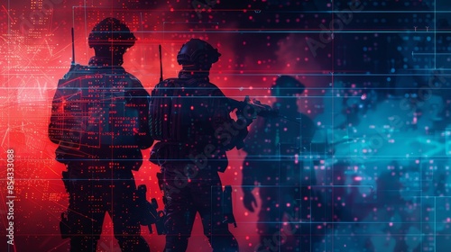 Silhouettes of a digital battlefield with cyber adversaries using AI tools, highlighting the evolving nature of cyber threats Concept Art, Realistic, High Contrast photo