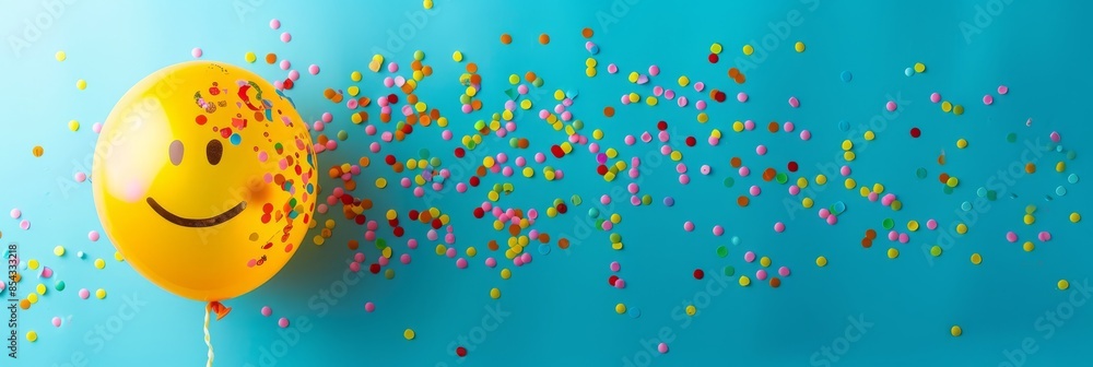 Yellow Burst balloons with smiling face and sprinkles inside on colored background. Creative layout. Party concept. emoji day