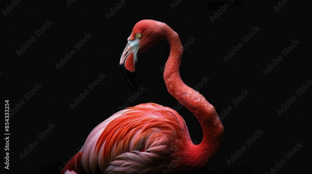 Obraz premium Closeup of majestic flamingo with head turned against black background, wildlife beauty concept