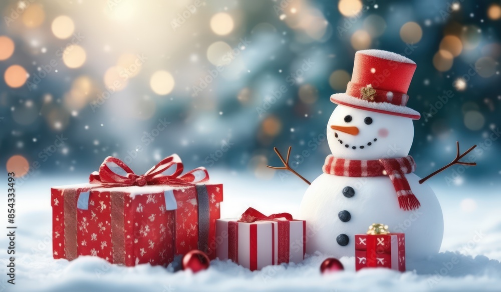Obraz premium merry christmas tree with gifts and snowman. merry. red hat. smile. white. snow. happy.