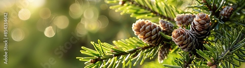 Sapling, young pine tree with buds and cones on a green background, spring nature banner panorama, closeup