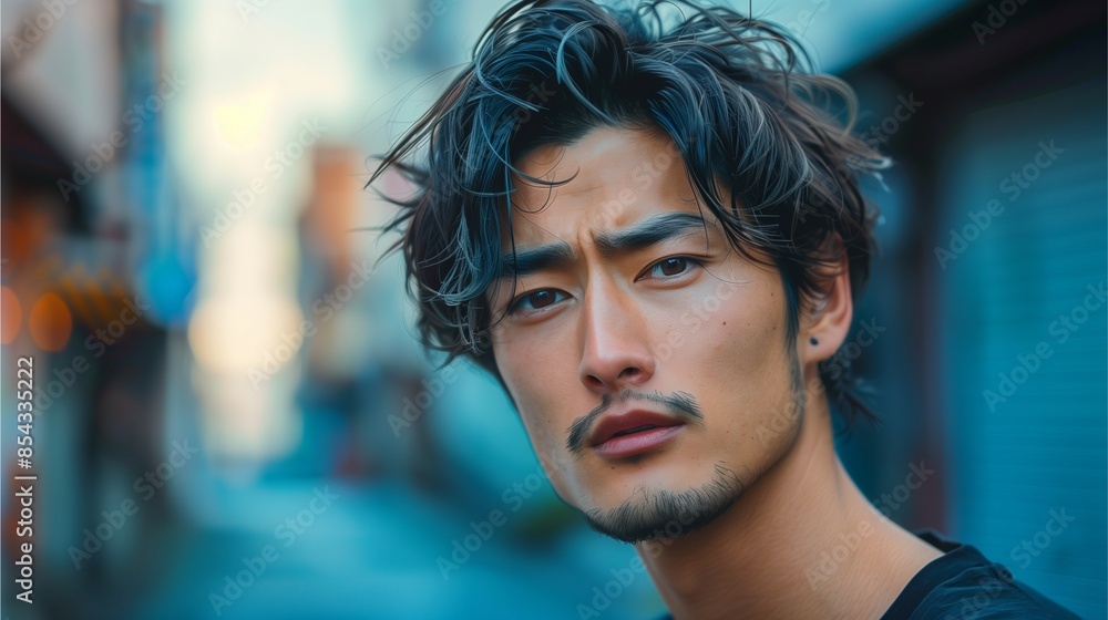 A confident young man with a serious expression, close-up portrait, showing a slight smile, stylish haircut, and stubble A confident young man with a serious expression, close-up portrait, showing a slight smile, stylish haircut, and stubble