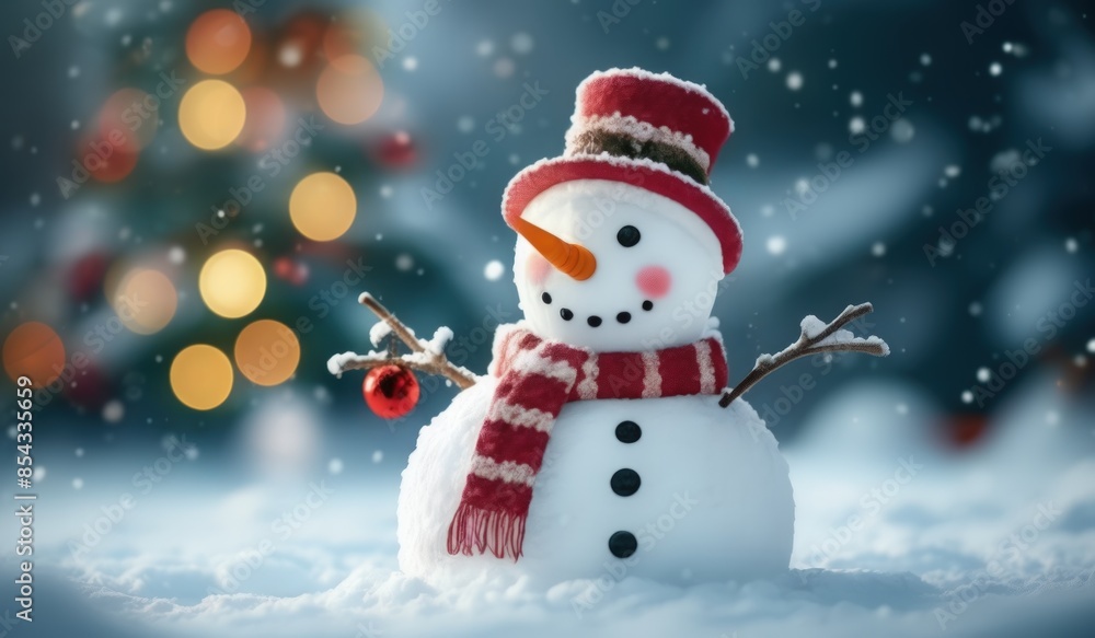 Fototapeta premium merry christmas tree with gifts and snowman. merry. red hat. smile. white. snow. happy. 