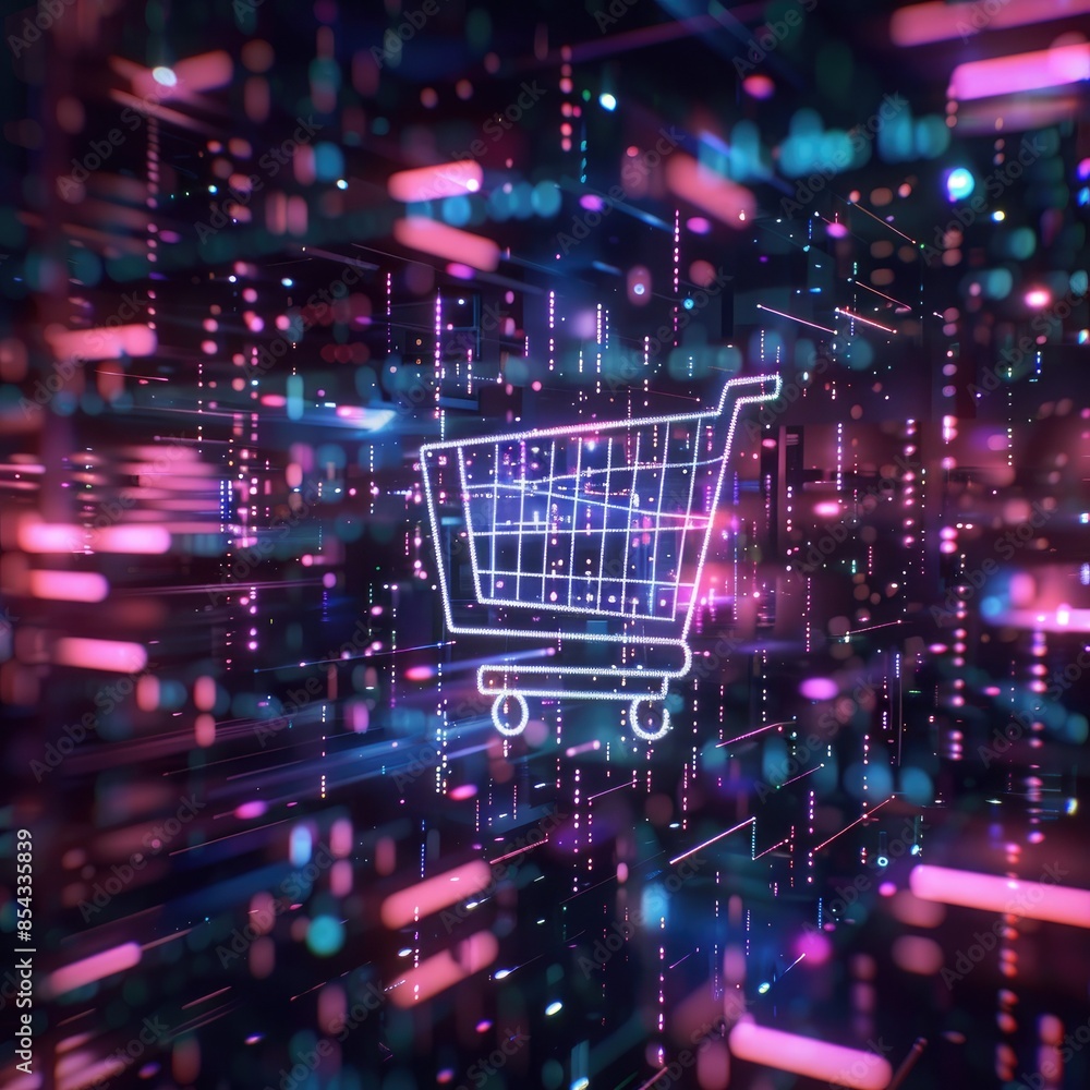 A futuristic background with a shopping cart icon in the center, surrounded by cascading holographic code in various colors. 
