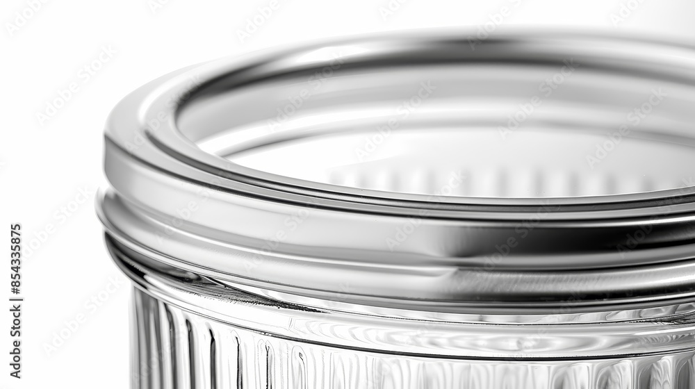A glass jar with a silver lid sits on a white background A glass jar with a silver lid sits on a white background