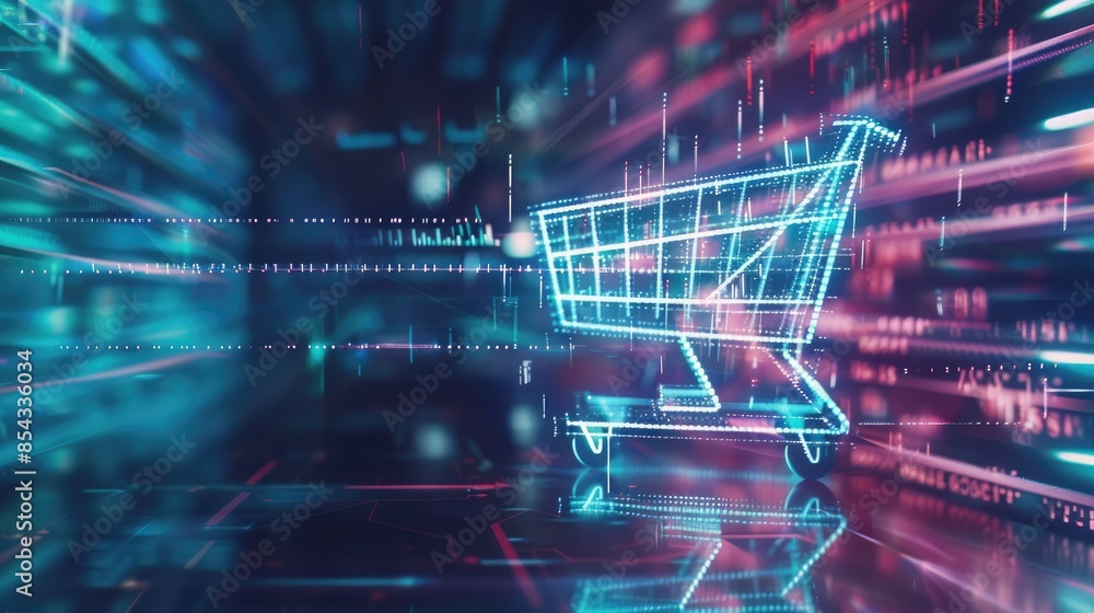 A digital shopping cart icon with holographic lines of code streaming out of it, set against a futuristic, digital background. A digital shopping cart icon with holographic lines of code streaming out of it, set against a futuristic, digital background.