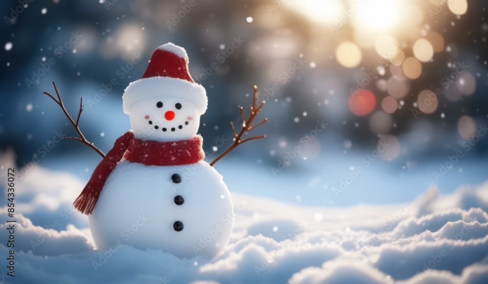 snowman in winter secenery with copy space. new model snowman snowman in winter secenery with copy space. new model snowman