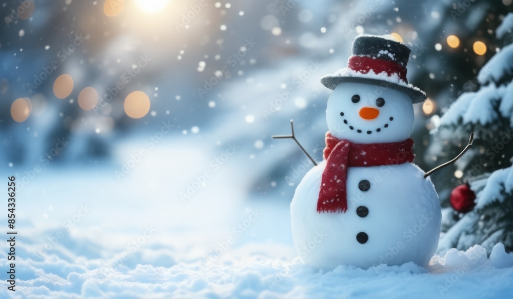 snowman in winter secenery with copy space. new model snowman snowman in winter secenery with copy space. new model snowman