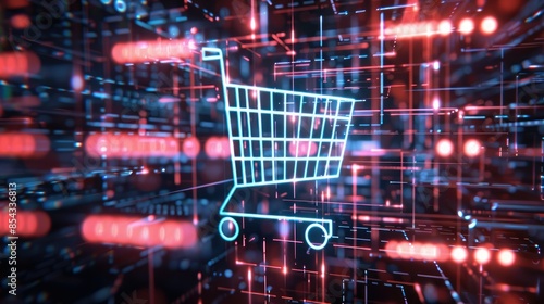 A CGI 3D render of a shopping cart icon surrounded by a holographic code, set against a futuristic digital background with neon lights. 