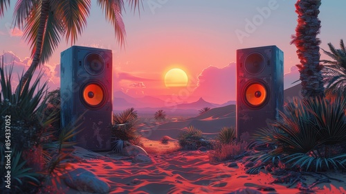 A surreal image featuring gigantic speakers flanking a beautiful sunset in a desert, evoking a sense of otherworldly music