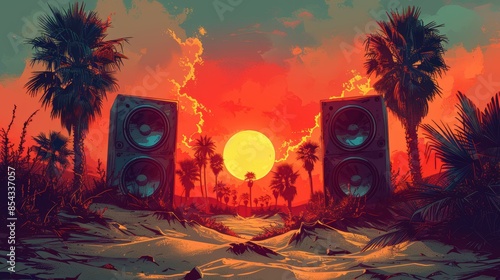 An artistic depiction of large speakers on a beach with palm trees framing a vibrant sunset