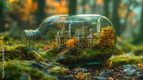 Miniature City Encased in a Glass Jar in Forest photo